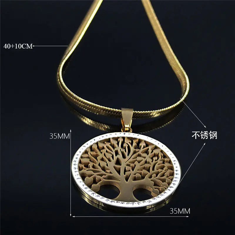 Golden Tree of Life Crystal Stainless Steel Necklace