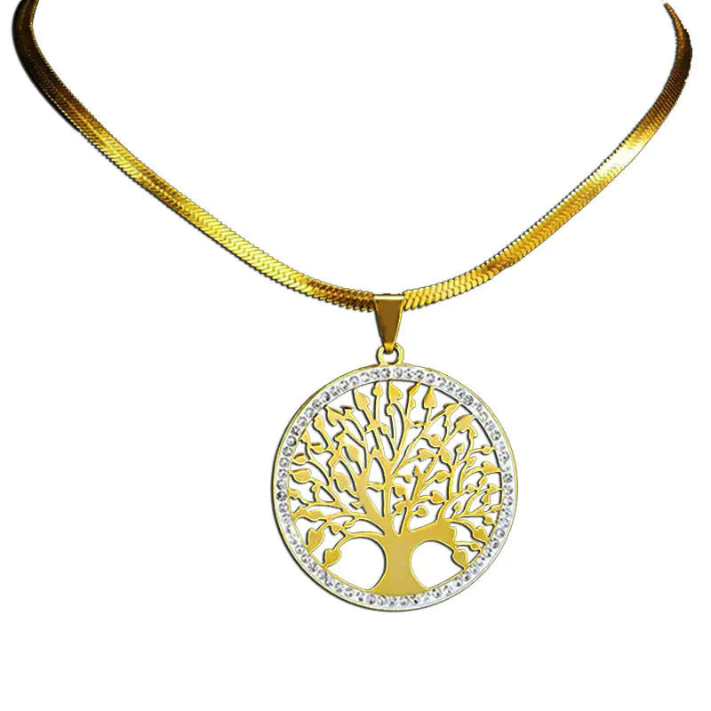 Golden Tree of Life Crystal Stainless Steel Necklace
