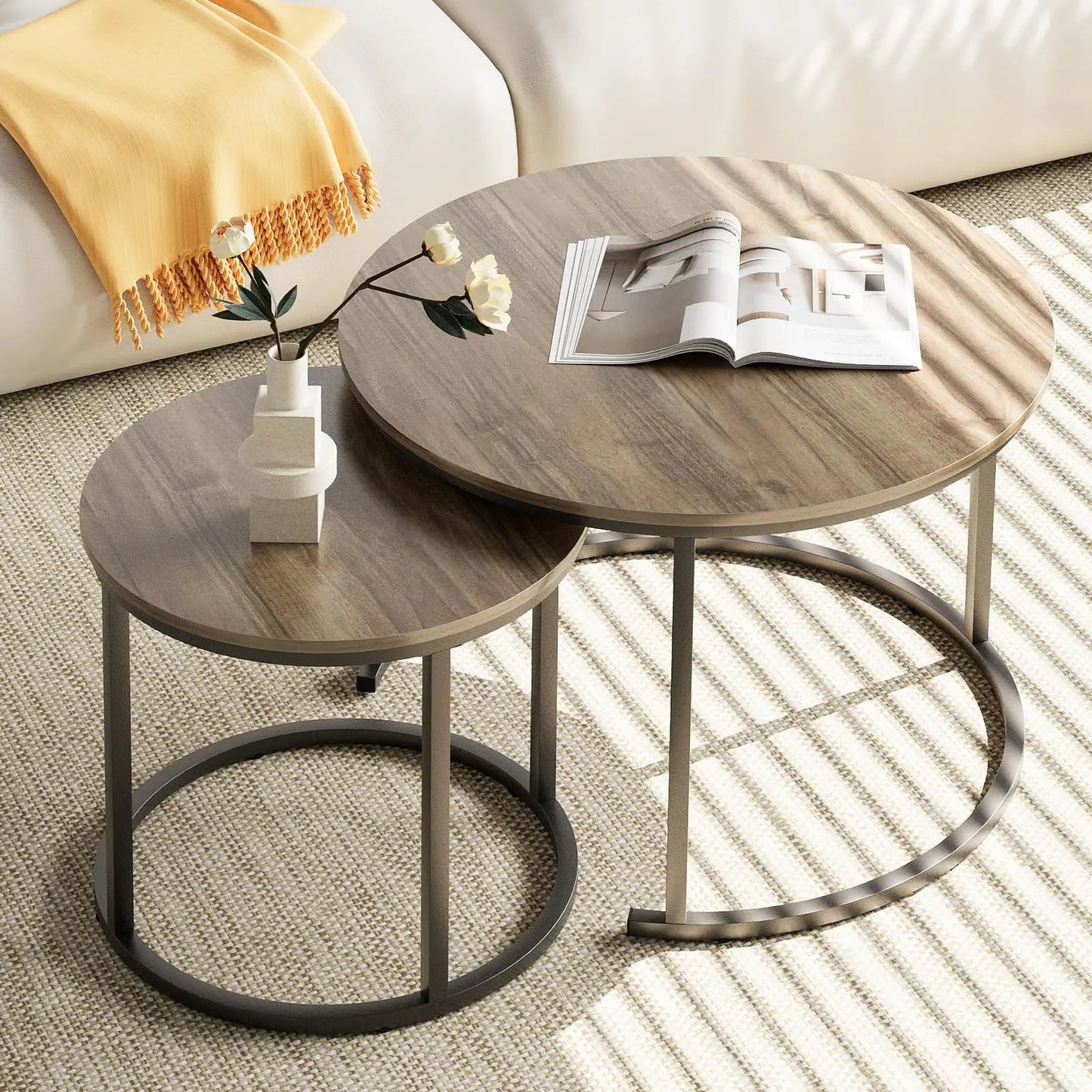 aboxoo Nesting Round Coffee Table Duo with Metal Frame