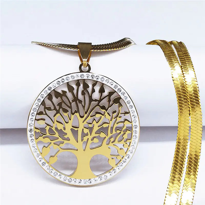 Golden Tree of Life Crystal Stainless Steel Necklace