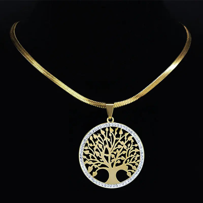 Golden Tree of Life Crystal Stainless Steel Necklace